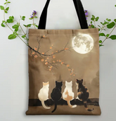 pc Cute Kitten Pattern Tote Bag – High-Quality Reusable Shopping Bag with Cherry Blossom & Moon Design, Black Handles, Polyester Material, Perfect for Everyday Use